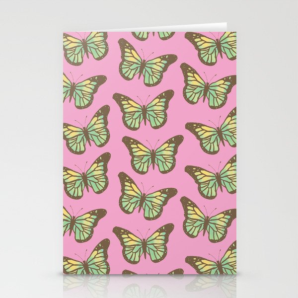 Colorful Butterflies Pattern on Pink Background Stationery Cards