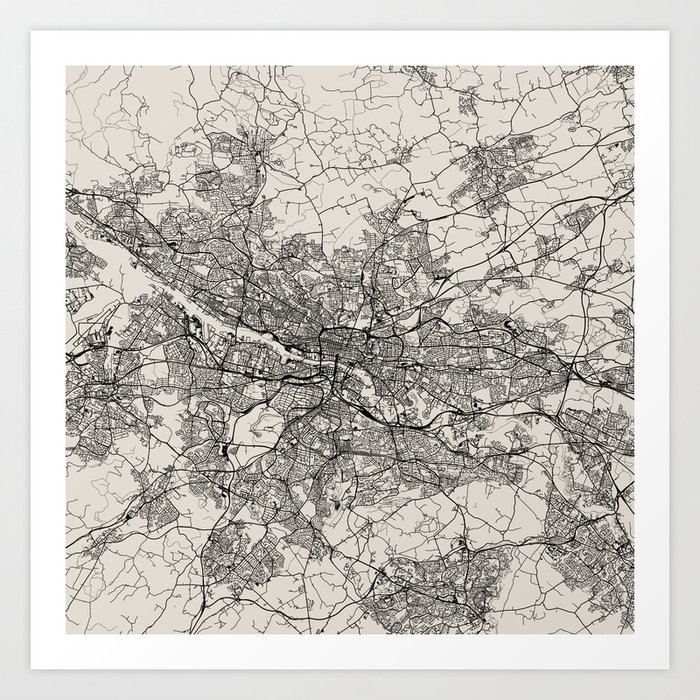 Glasgow, Scotland - Black and White Map Art Print