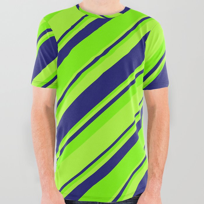 Green, Light Green & Midnight Blue Colored Striped/Lined Pattern All Over Graphic Tee