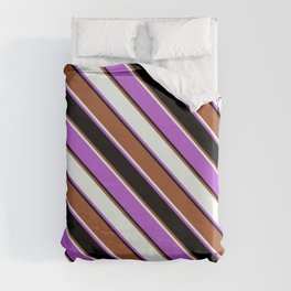 [ Thumbnail: Sienna, Mint Cream, Orchid & Black Colored Pattern of Stripes Duvet Cover ]