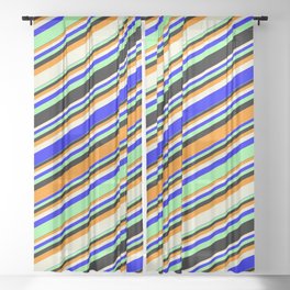 [ Thumbnail: Vibrant Dark Orange, Beige, Blue, Green, and Black Colored Lines/Stripes Pattern Sheer Curtain ]