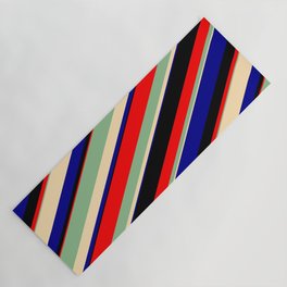 [ Thumbnail: Dark Sea Green, Beige, Dark Blue, Black & Red Colored Lines/Stripes Pattern Yoga Mat ]