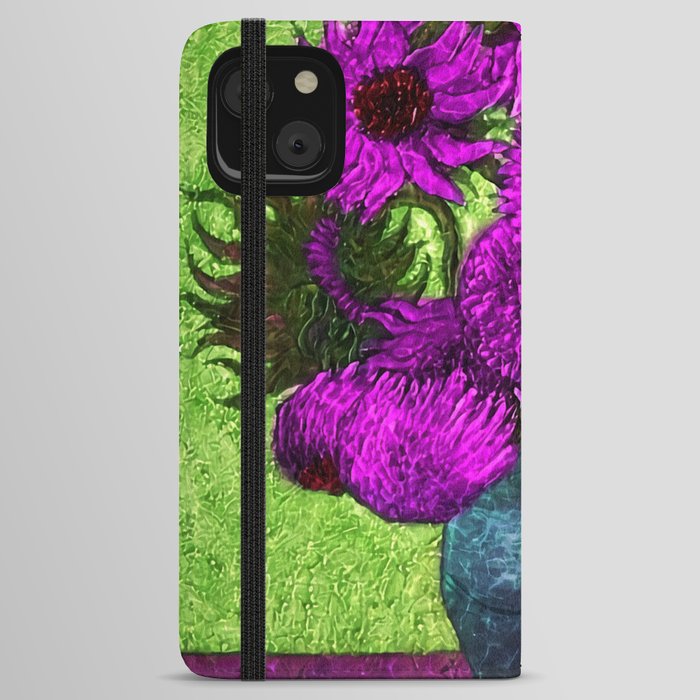 Vincent van Gogh Twelve purple sunflowers with red disk center flowers in a vase still life violet and green background portrait painting iPhone Wallet Case