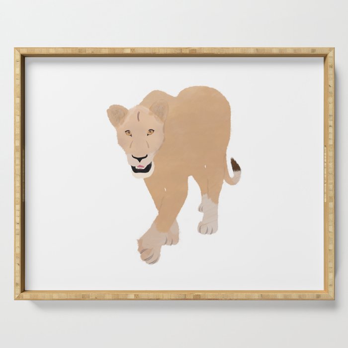 Watercolor Stalking Lioness with Mouth Open Serving Tray