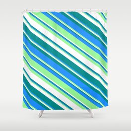 [ Thumbnail: Dark Cyan, Blue, Green & White Colored Striped Pattern Shower Curtain ]