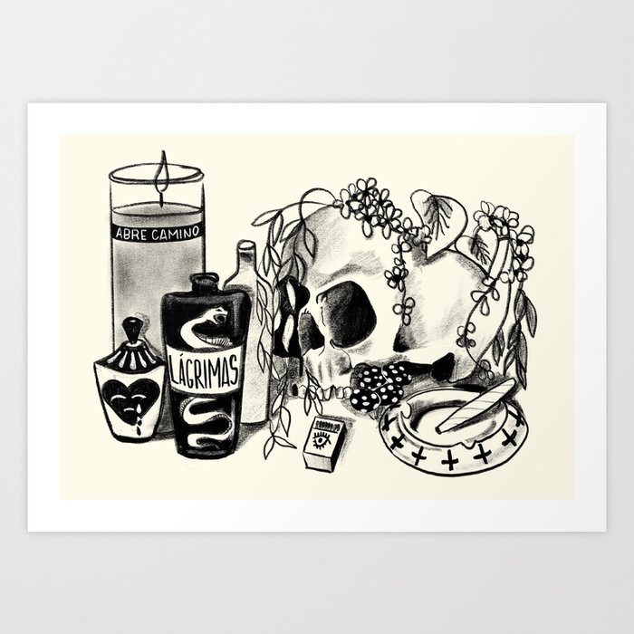 Lágrimas (Tears) Charcoal Drawing w Skull, Plants and Bottles Art Print