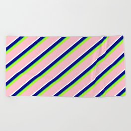 [ Thumbnail: Vibrant Light Green, Pink, White, Blue & Light Sea Green Colored Lined/Striped Pattern Beach Towel ]