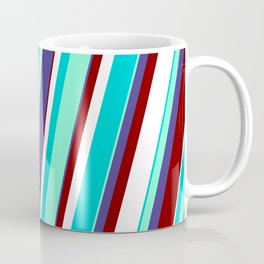 [ Thumbnail: Dark Turquoise, Aquamarine, Dark Slate Blue, Maroon, and White Colored Pattern of Stripes Coffee Mug ]