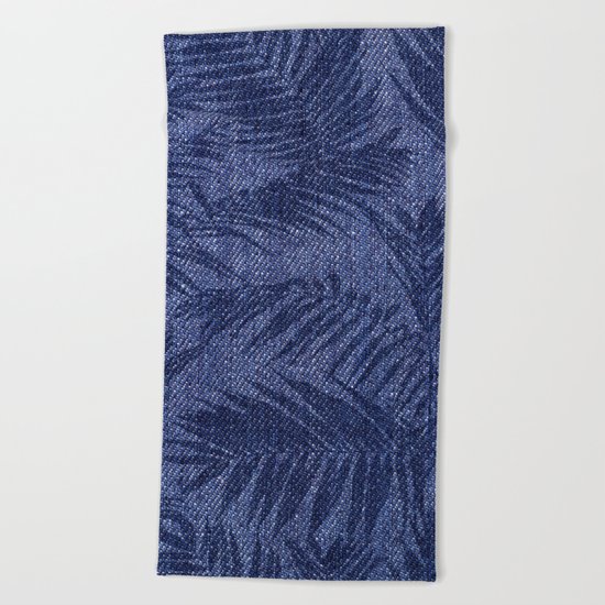 Tropical pattern on blue jeans Beach Towel