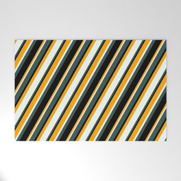 [ Thumbnail: Orange, Mint Cream, Dark Slate Gray, and Black Colored Lined/Striped Pattern Welcome Mat ]