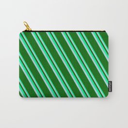[ Thumbnail: Green, Powder Blue & Dark Green Colored Lines Pattern Carry-All Pouch ]