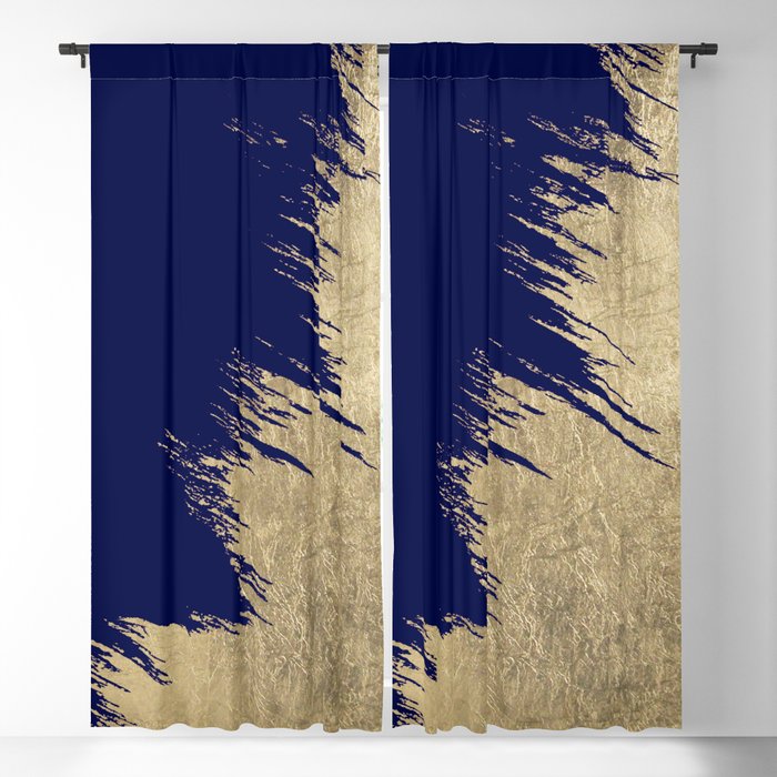 Navy blue abstract faux gold brushstrokes Blackout Curtain by Pink