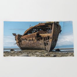 New Zealand Photography - Abandoned Shipwreck On The Stoney Beach  Beach Towel