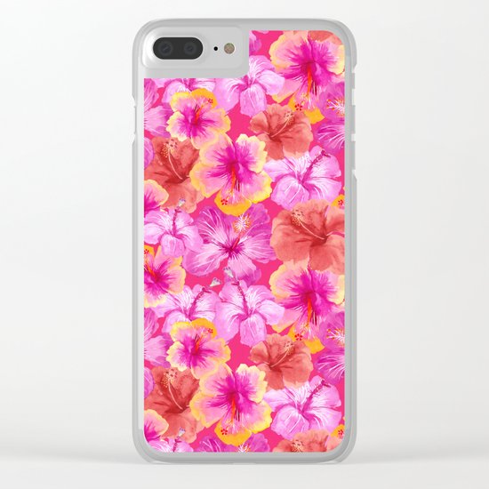 Tropical hibiscus flowers flower floral pattern on pink Clear iPhone Case
