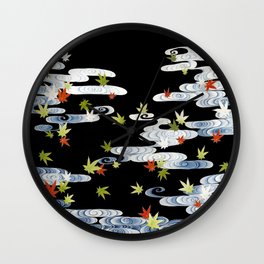 Kimono Maple leaves in the Tatsuta River Wall Clock | Graphic, Japan, Japanese, Japaneseart, River, Water, Vintage, Art, Black, Green 