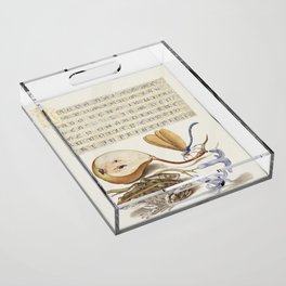 Vintage calligraphy with apple and dragonfly Acrylic Tray
