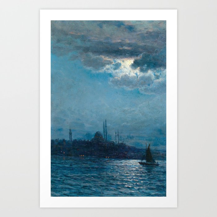 View of Istanbul in the moonlight; the Blue Mosque maritime nautical painting Vartan Makhokhian Art Print