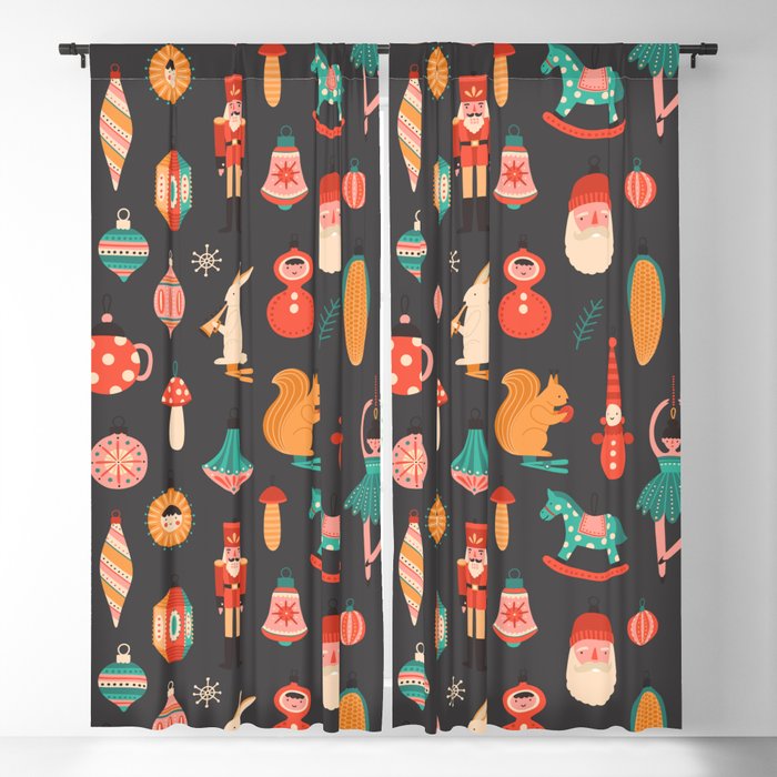 Retro Cartoon Christmas Ornaments Pattern Black Background Blackout Curtain