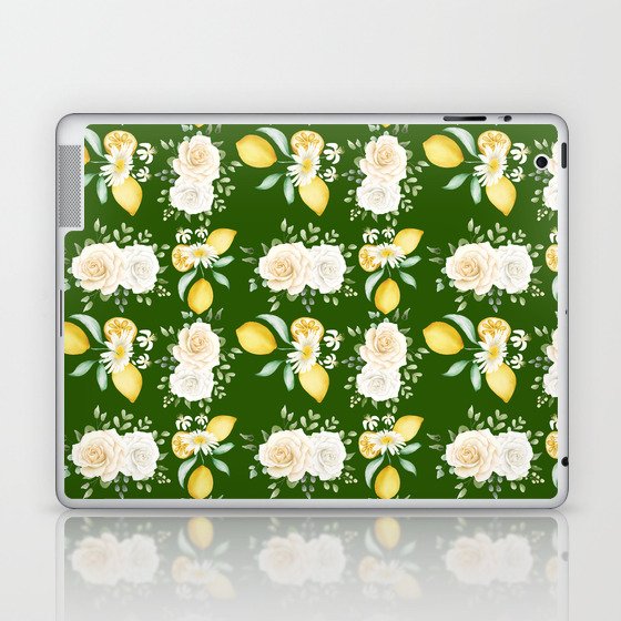 Lemons and White Flowers Pattern On Green Background Laptop & iPad Skin