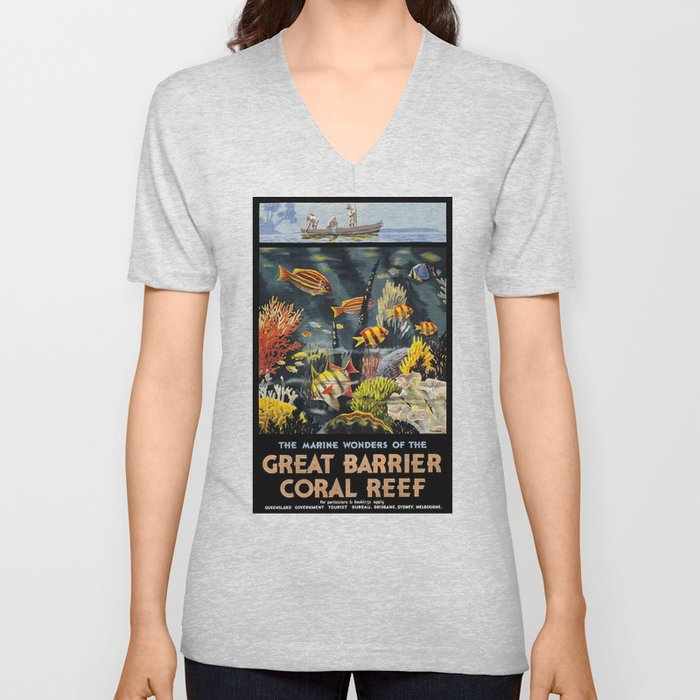 1933 Australia Great Barrier Coral Reef Travel Poster V Neck T Shirt