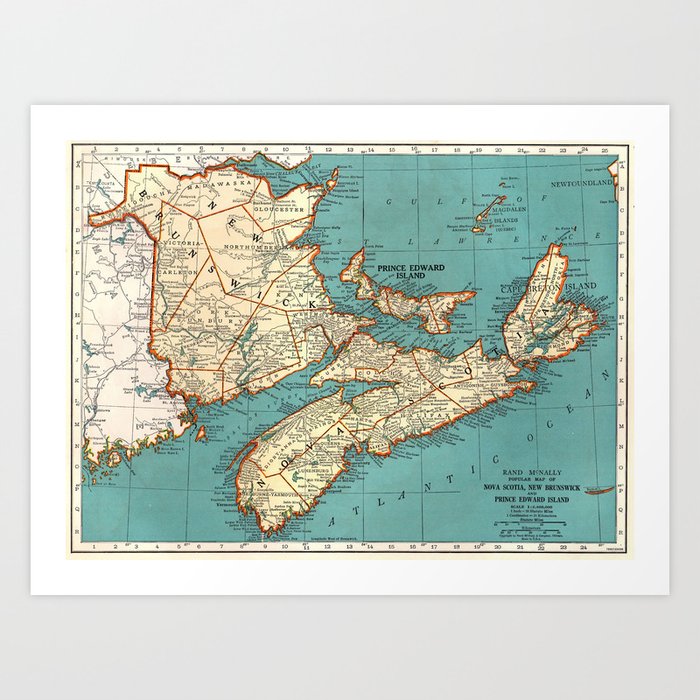1943 Map of New Brunswick, PEI, Nova Scotia Art Print by ginneko Society6