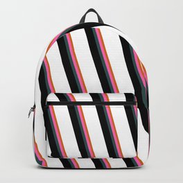 [ Thumbnail: Eye-catching Chocolate, Hot Pink, Dark Slate Gray, Black & White Colored Lined Pattern Backpack ]