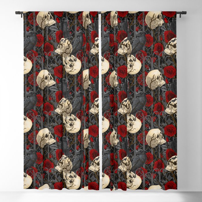 Raven's secret. Dark and moody gothic illustration with human skulls and roses Blackout Curtain
