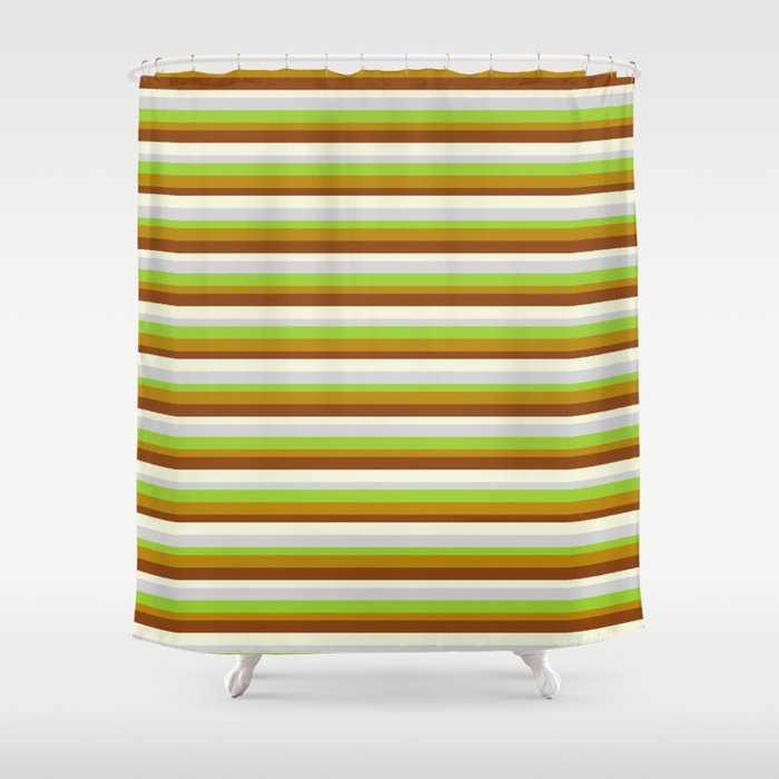 Eyecatching Light Grey, Green, Dark Goldenrod, Brown, and Beige Colored Lined Pattern Shower Curtain