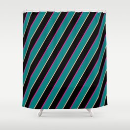[ Thumbnail: Deep Pink, Teal, Tan, and Black Colored Stripes/Lines Pattern Shower Curtain ]