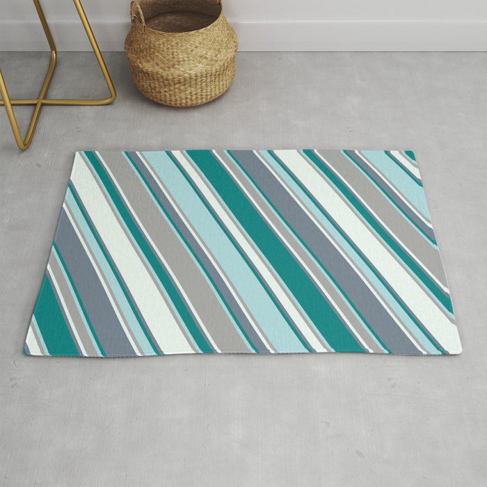 Slate Gray, Teal, Powder Blue, Dark Grey, and Mint Cream Colored Lines/Stripes Pattern Rug