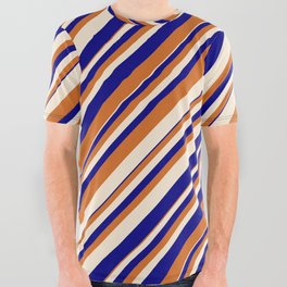[ Thumbnail: Blue, Chocolate, and Beige Colored Lines/Stripes Pattern All Over Graphic Tee ]