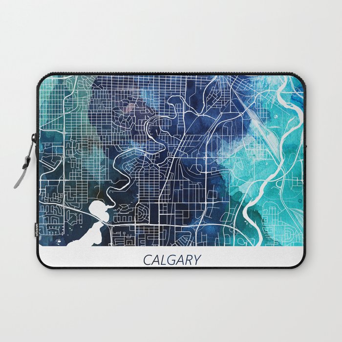 Calgary Map Navy Blue Turquoise Watercolor Calgary Canada City Map Laptop Sleeve