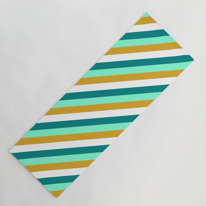 Aquamarine, Goldenrod, White & Teal Colored Pattern of Stripes Yoga Mat