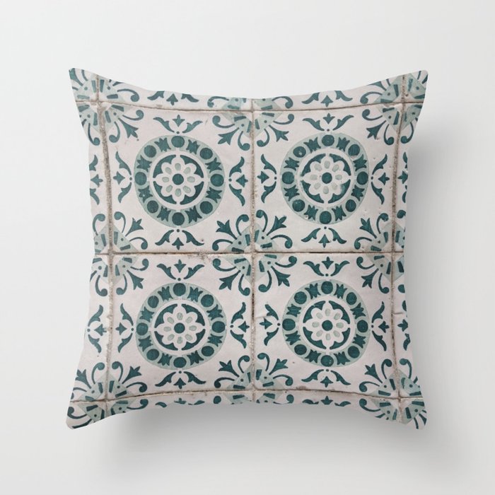 Green flower Portuguese tile/mosaic - Azulejo. Throw Pillow