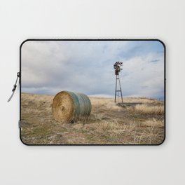 Prairie Life - Old Windmill and Round Hay Bale on Autumn Day in Oklahoma Laptop Sleeve