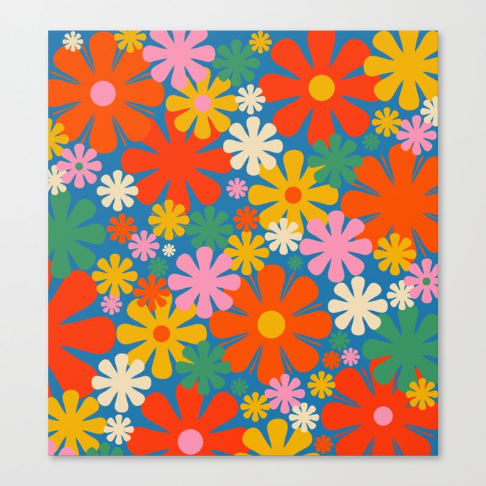 Colorful Flowers Retro 60s Aesthetic Floral Pattern on Blue Canvas Print