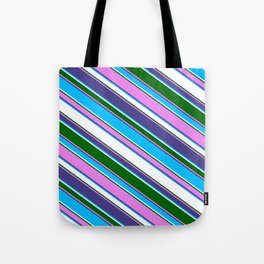 [ Thumbnail: Eyecatching Dark Slate Blue, Deep Sky Blue, White, Dark Green, and Violet Colored Pattern of Stripes Tote Bag ]
