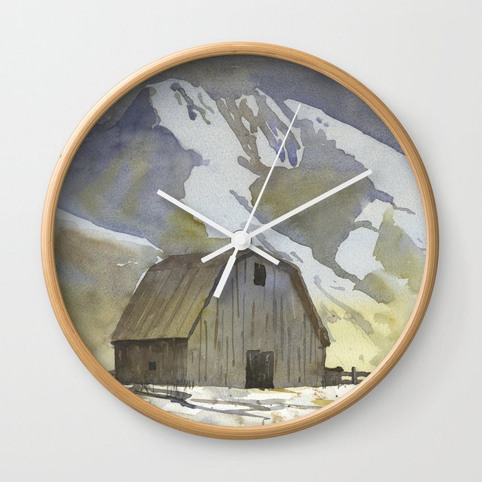 Barn outdoors.  Watercolor painting of barn outside landscape artwork barn decor Wall Clock