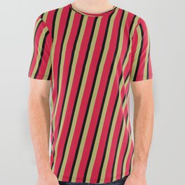 [ Thumbnail: Dark Khaki, Crimson, and Black Colored Striped/Lined Pattern All Over Graphic Tee ]