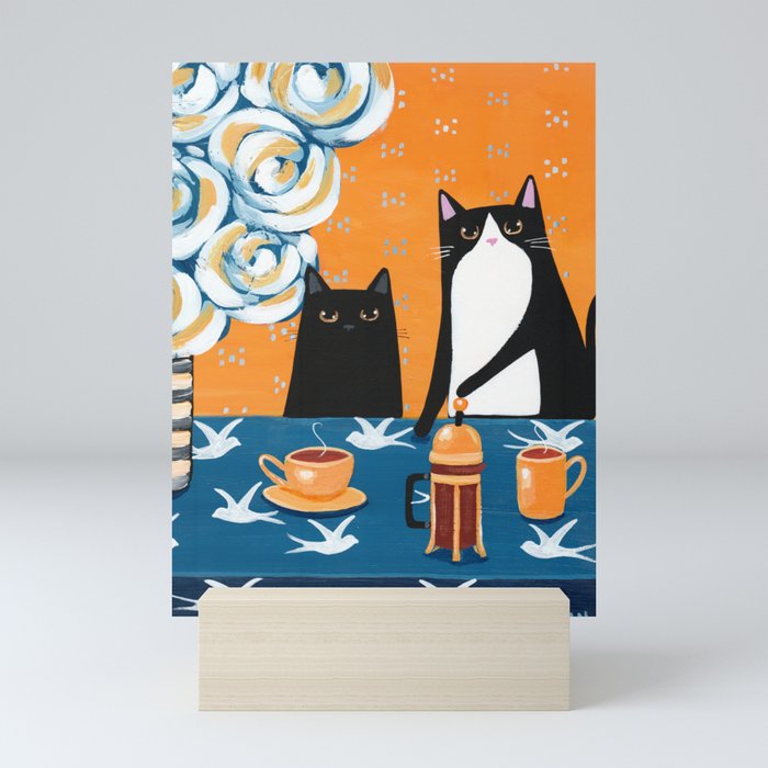 Orange and Blue French Press Cats Mini Art Print