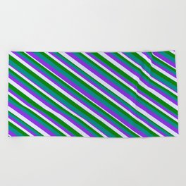 [ Thumbnail: Purple, Lavender, Green, and Dark Cyan Colored Striped/Lined Pattern Beach Towel ]
