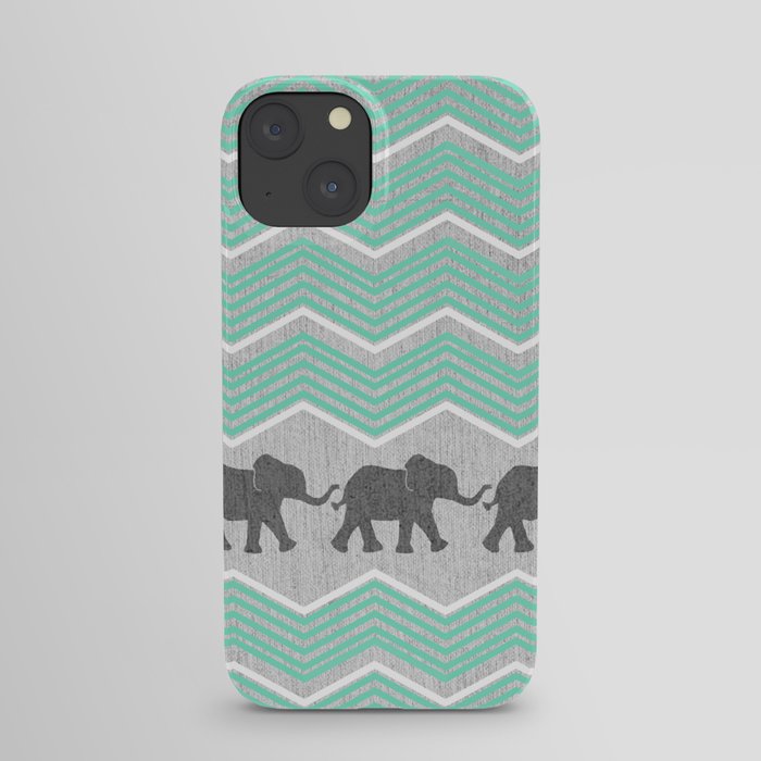 Three Elephants - Teal and White Chevron on Grey iPhone Case