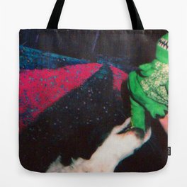 A Dog Ripping a Stuffed Dinosaurs Tail Off (In Space) Tote Bag