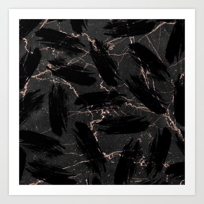 Abstract Black Rose Gold Glitter Brushstrokes Marble Art Print By