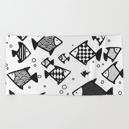 Hipster fish seamless drawing art Beach Towel