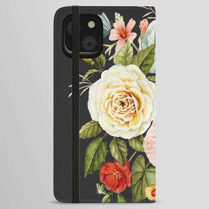 Wildflower and Butterflies Bouquet on Charcoal Black iPhone Wallet Case