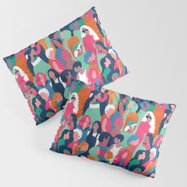 Every day we glow International Women's Day // midnight navy blue background green curious blue cerise pink and orange copper humans  Pillow Sham