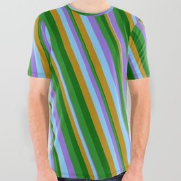 [ Thumbnail: Vibrant Purple, Light Sky Blue, Dark Goldenrod, Dark Green, and Forest Green Colored Lines Pattern All Over Graphic Tee ]