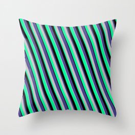 [ Thumbnail: Dark Slate Blue, Grey, Green, and Black Colored Lines/Stripes Pattern Throw Pillow ]