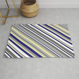 [ Thumbnail: Vibrant Dim Grey, Dark Gray, Pale Goldenrod, Midnight Blue, and White Colored Lined Pattern Rug ]